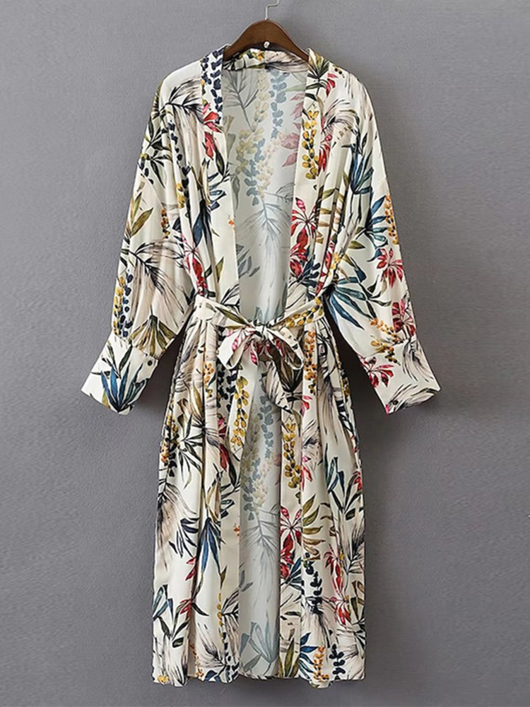 

Plus Size Floral Print Long Sleeve Kimono Cardigan with Belt