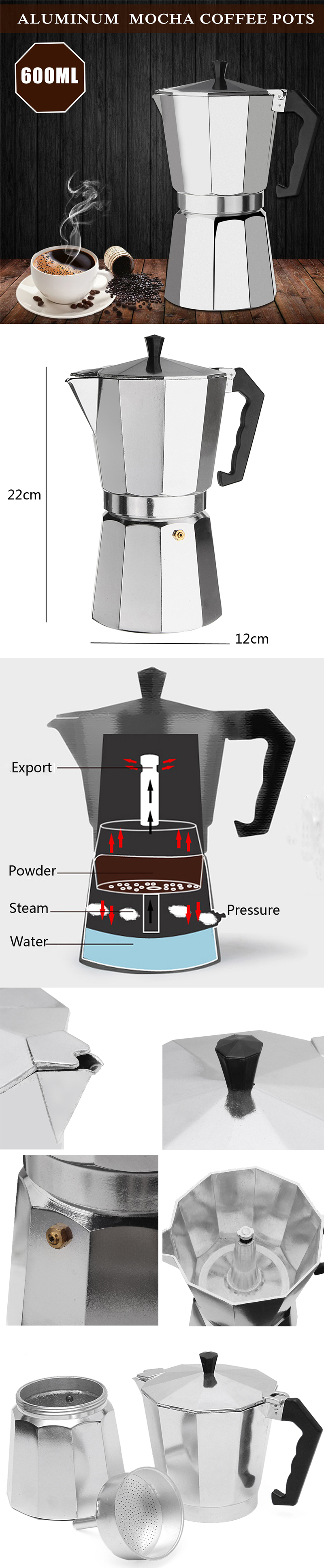 12Cups 600ML Silver Aluminum Moka Pot Octagonal Espresso Coffee Cup Grinder Stove Percolator 11