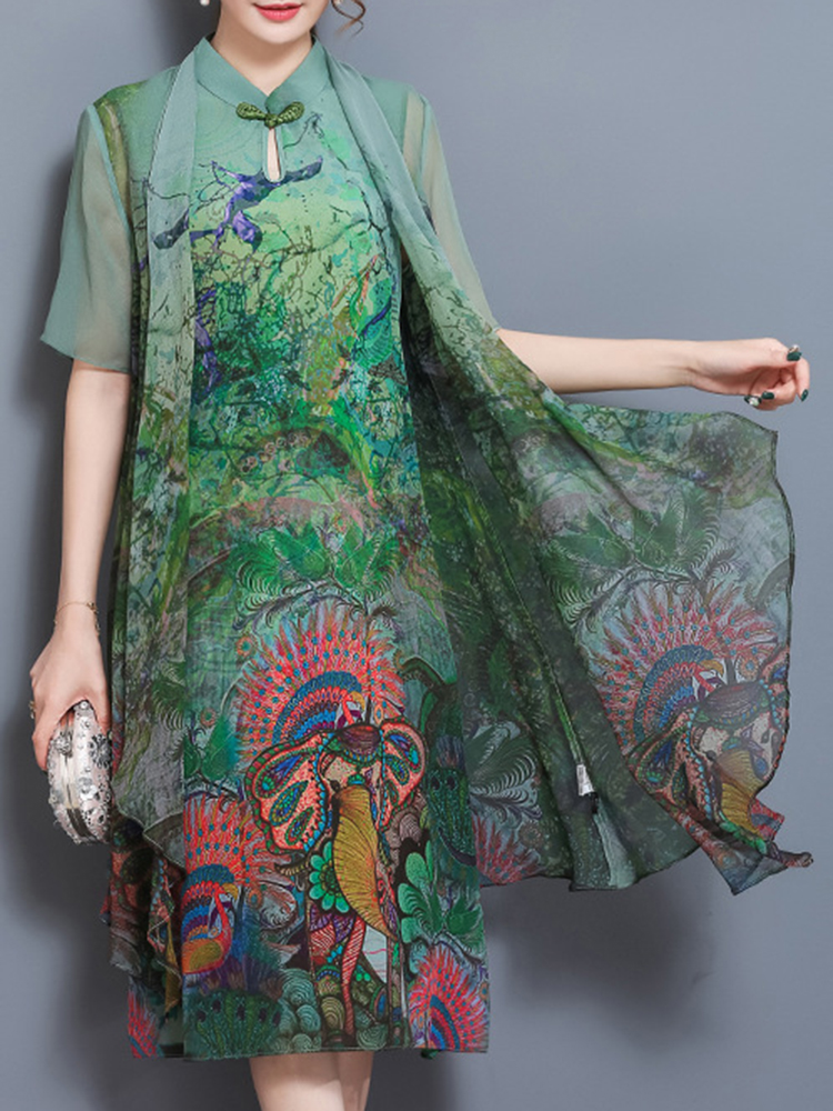 

Elegant Women Chinese Frog Art Print Two-piece Dress