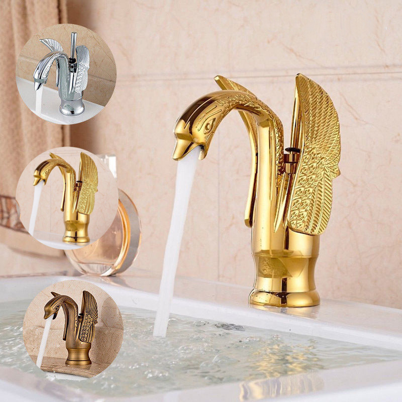

Luxury Gold Swan Bathroom Basin Mixer Tap Faucet Single Lever Hot and Cold Spout