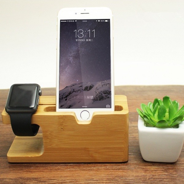 

Bamboo Universal Dock Station Bracket Cradle Stand Holder for under 8 inch Smartphone iPhone Apple Watch