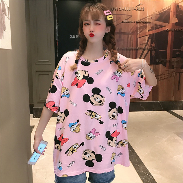 

New Mickey Mouse Donald Duck Short-sleeved T-shirt Female Loose Round Neck In The Long Mickey Hurricane
