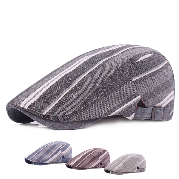 

Mens Striped Linen Beret Hat Fashion Summer Sunshade Forward Caps Adjustable