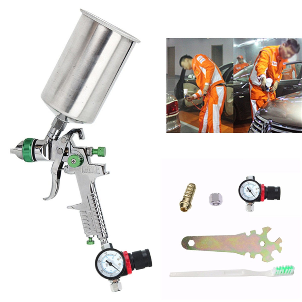 

1.4mm HVLP Spray Auto Paint Tool Gravity Feed Spraying Gun Metal Flake Primer Nozzle with Gauge