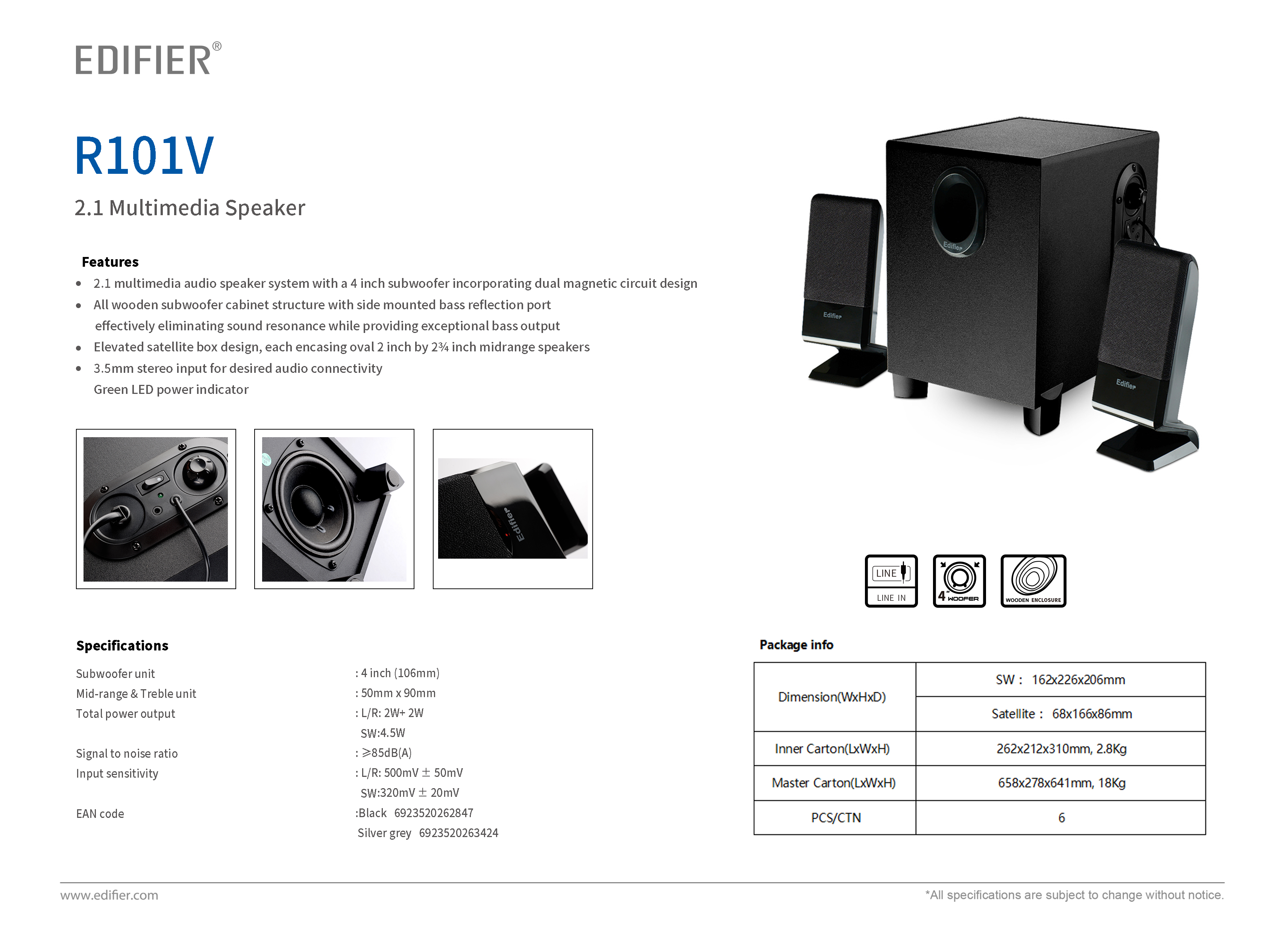 Original Edifier R101V 2.1 Channel Multimedia Speaker MDF 4-inch Subwoofer HiFi Stereo Bass 3.5mm Audio Computer Speakers with EU Plug