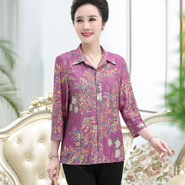 

Middle-aged Floral Chiffon Shirt Female New Mother Loaded Foreign Large Size Seven-point Sleeve Cardigan Shirt
