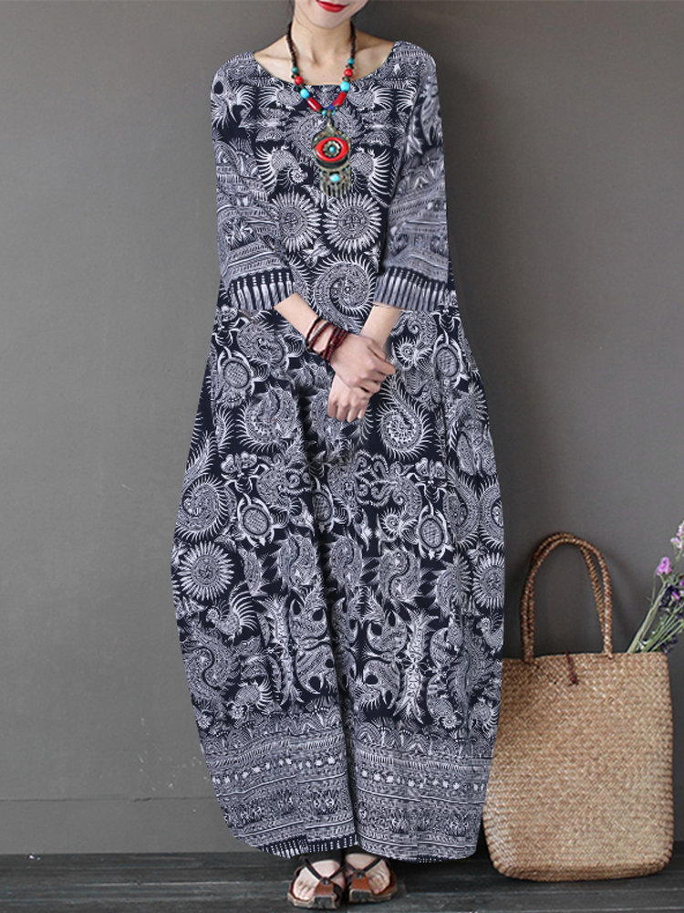 

Женская 3/4 рукава с круглым вырезом Loose Baggy Floral Maxi Платье