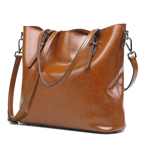 

Women Retro Genuine Leather Oil Wax Bucket Handbag Large Capacity Crossbody Bag