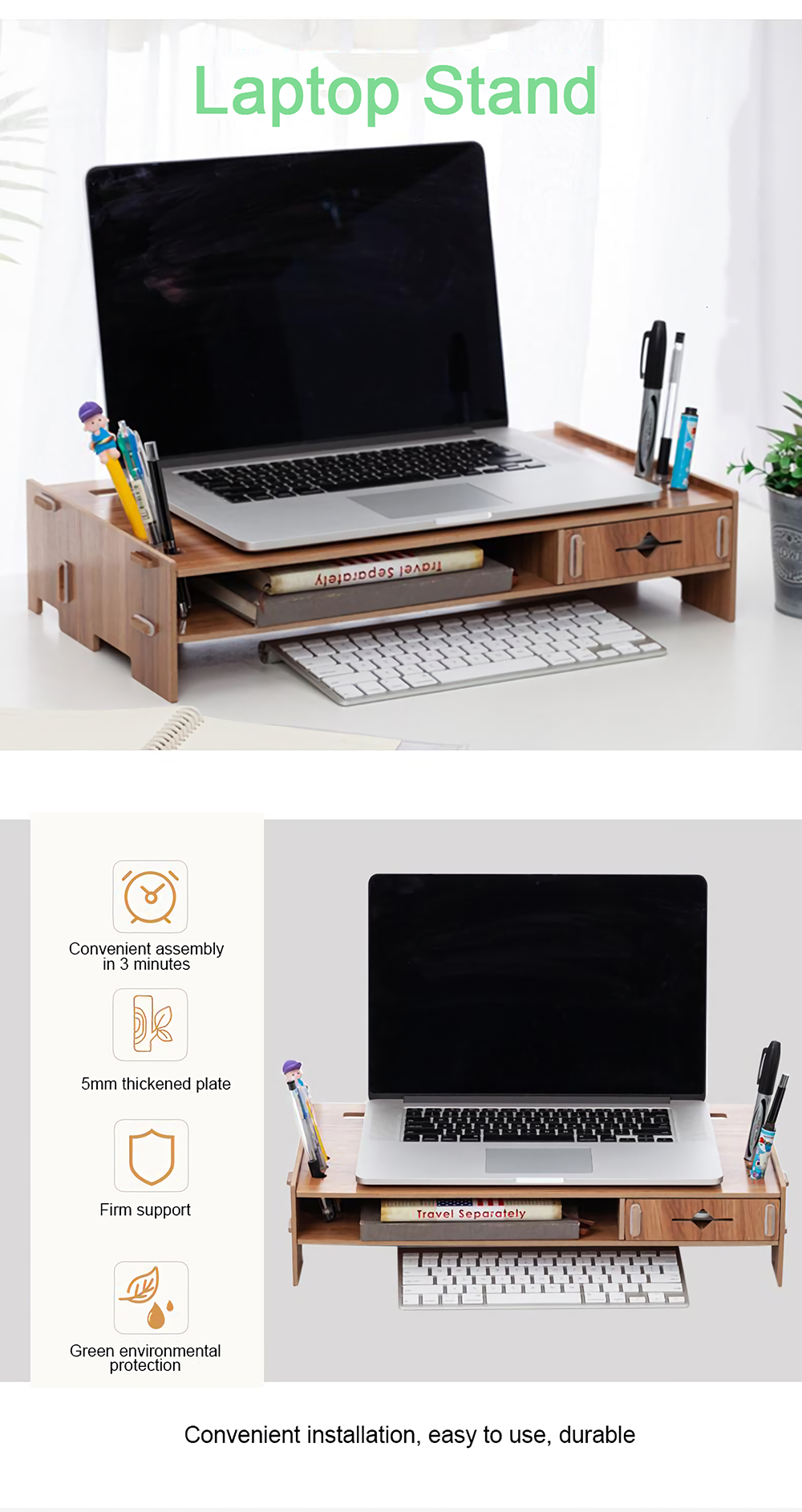 Diy Wooden Computer Laptop Stand Holder Monitor Riser Desk Organizer Base With Storage Drawers