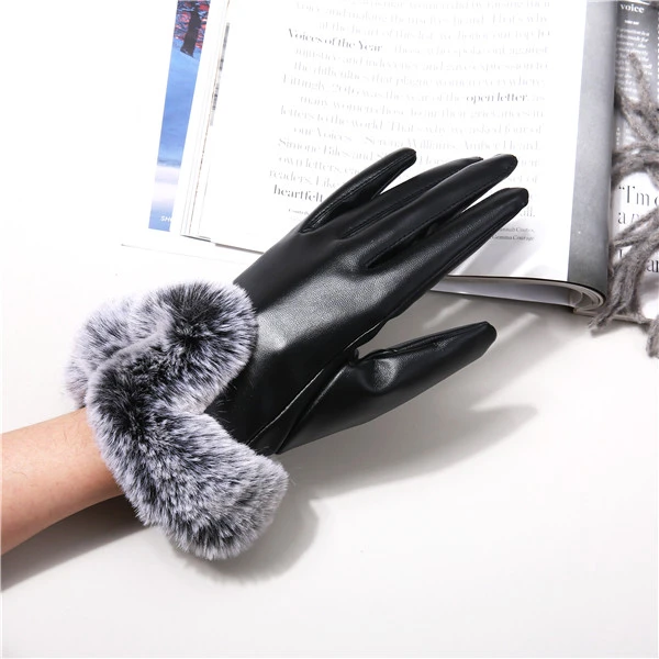 Women Cold Winter Warm Thick Rabbit Fur Leather Ski Gloves
