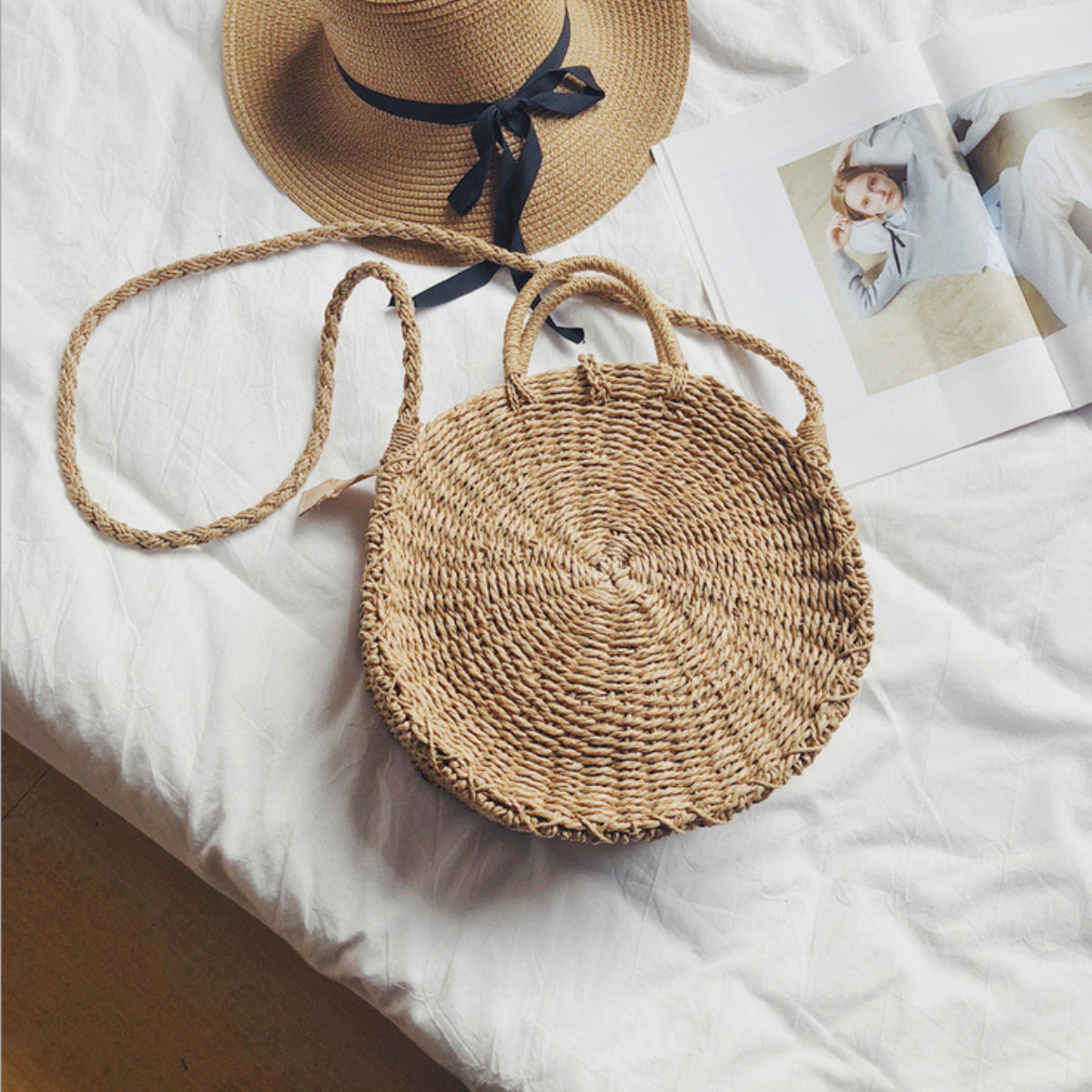 Women Hand Woven Bag Round Rattan Straw Bohemia Style Beach Circle Beach Bags—8