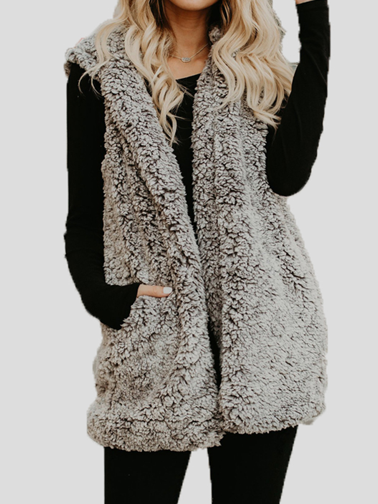 

Women Sleeveless Pure Color Hooded Fluffy Fur Outwear Coats