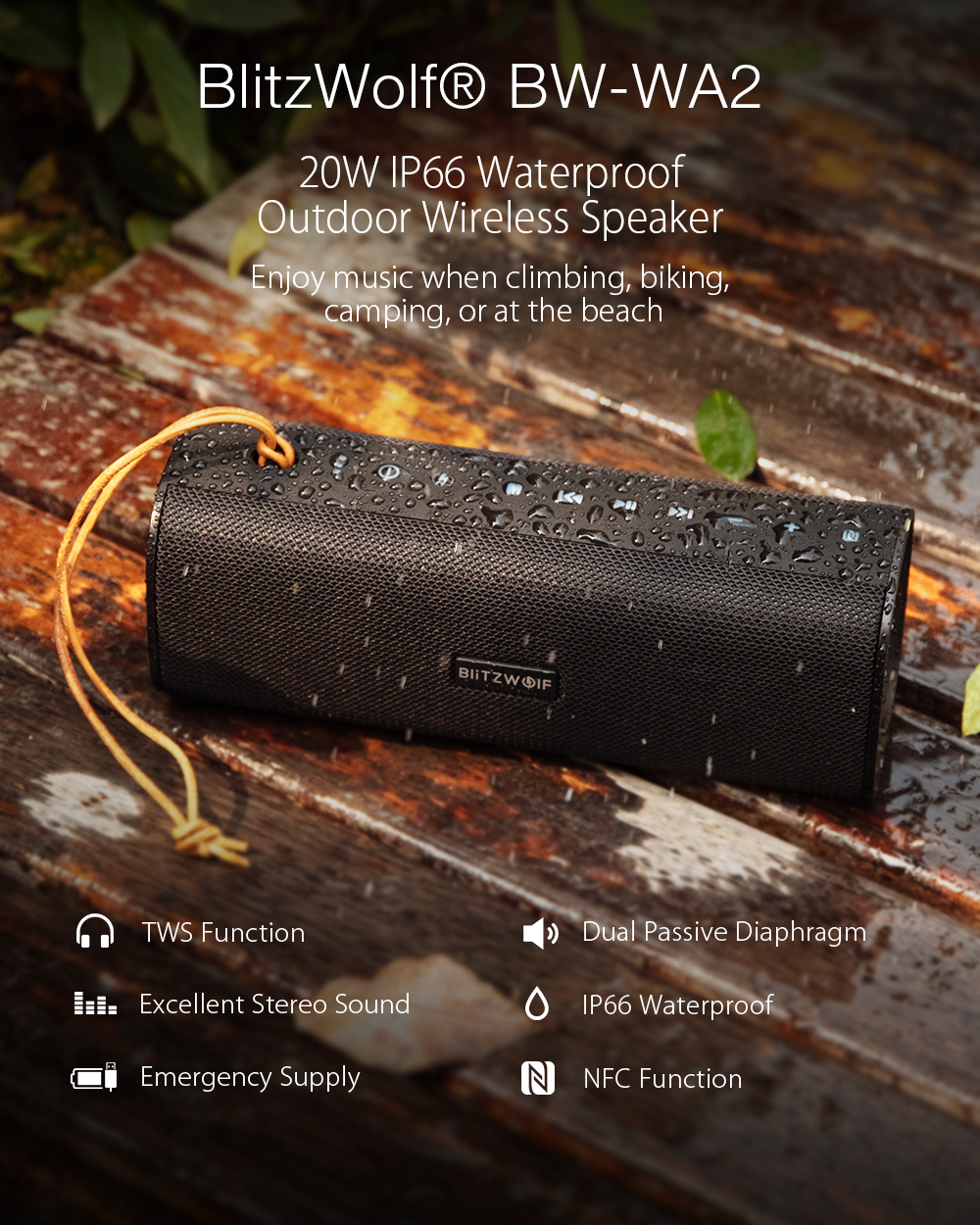 Image result for BlitzWolfÂ® BW-WA2 20W Wireless bluetooth Speaker Dual Passive Diaphragm TWS NFC Bass Stereo Outdoors Soundbar with Mic