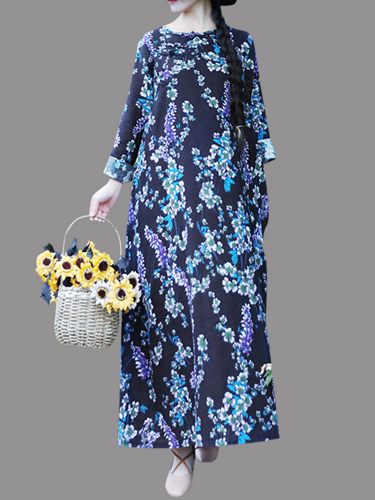 

Women Vintage Floral Long Sleeve Frog Buttons Cotton Linen Dress
