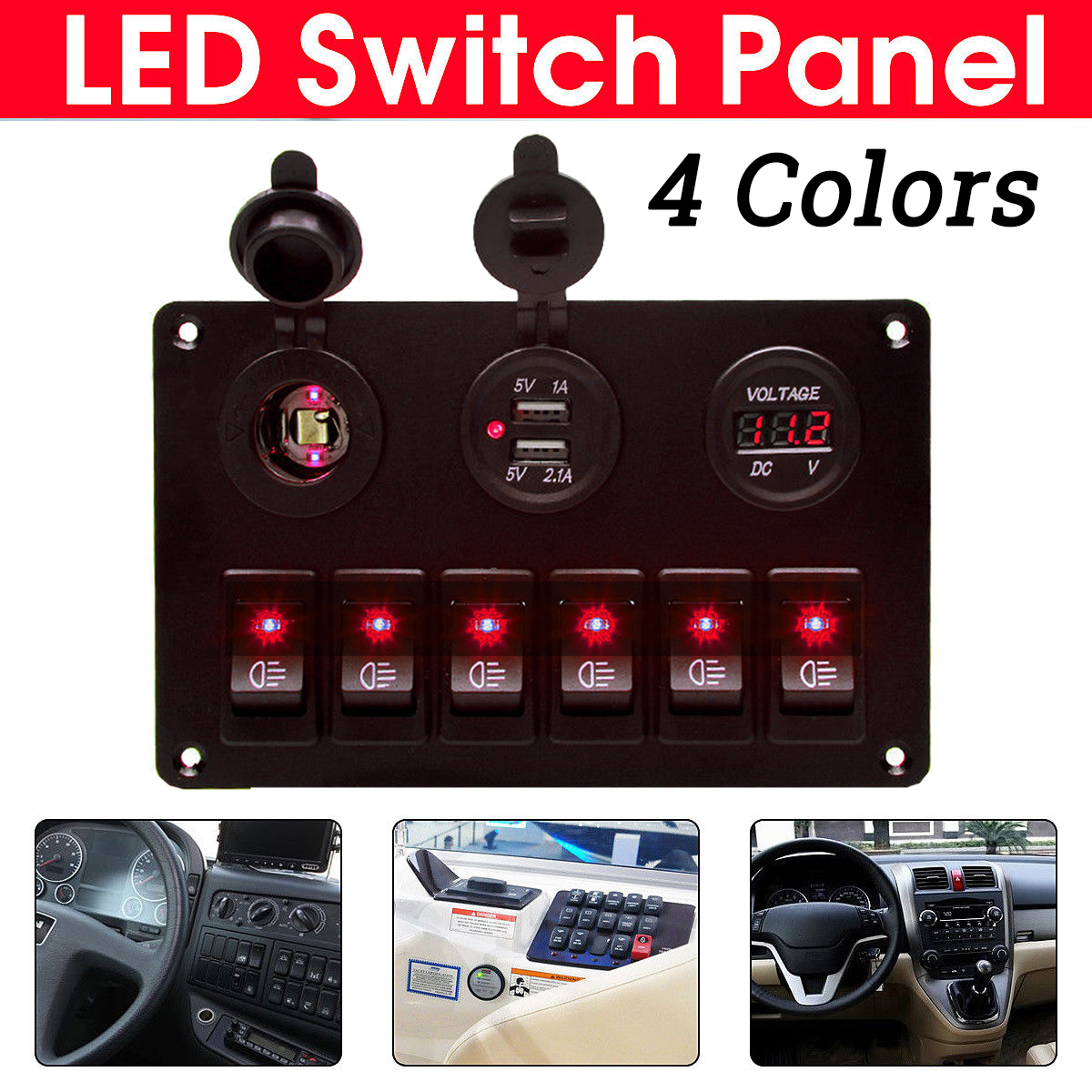 5 Gang LED Rocker Switch Control Panel 12V&24V Car Boat Marine 2 USB Voltmeter