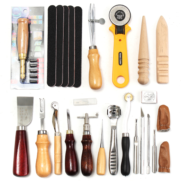 

24 Pcs Leather Craft Tools Kit Hand Sewing Stitching Punch Carving Work Saddle