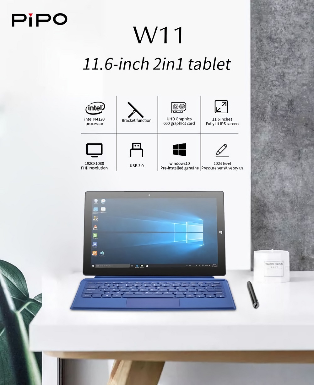 PIPO W11 Intel Gemini Lake N4120 8GB RAM 128GB ROM+512GB SSD 11.6 Inch Windows 10 Tablet With Keyboard Stylus Pen 11