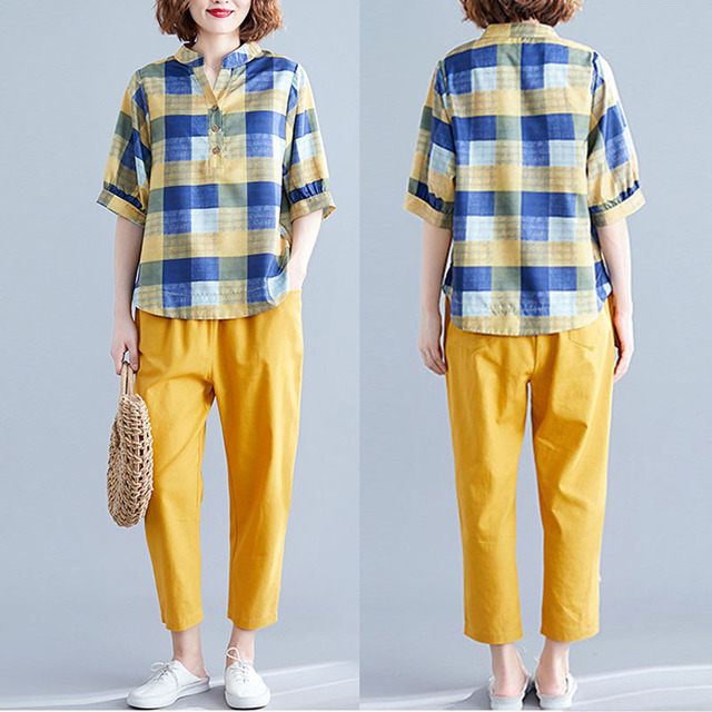 

Literary Loose Cotton And Linen Plaid Short-sleeved Shirt Shirt + Nine Points Harem Pants Suit Female Two-piece Season