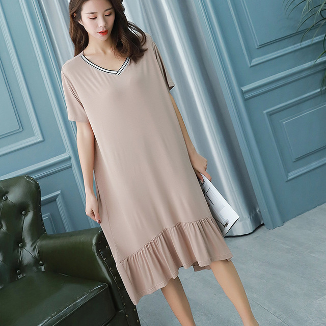 

New Large Size Dress Women Wear Cotton V-neck Ruffled Nightdress In The Long Paragraph Outside Pajamas Home Service