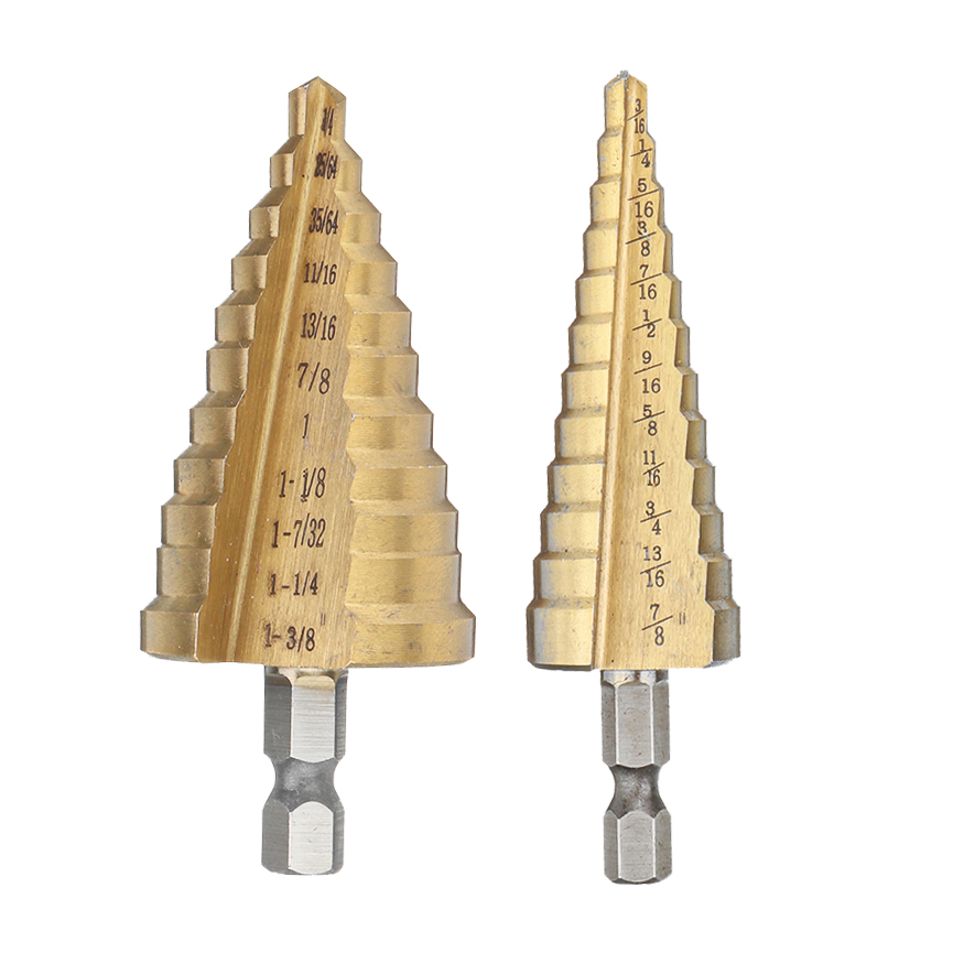 

Drillpro 2pcs HSS Titanium Coated Step Cone Drill Bit 3/16-7/8 and 1/4-1-3/8 Inch Hex Shank Hole Cutter