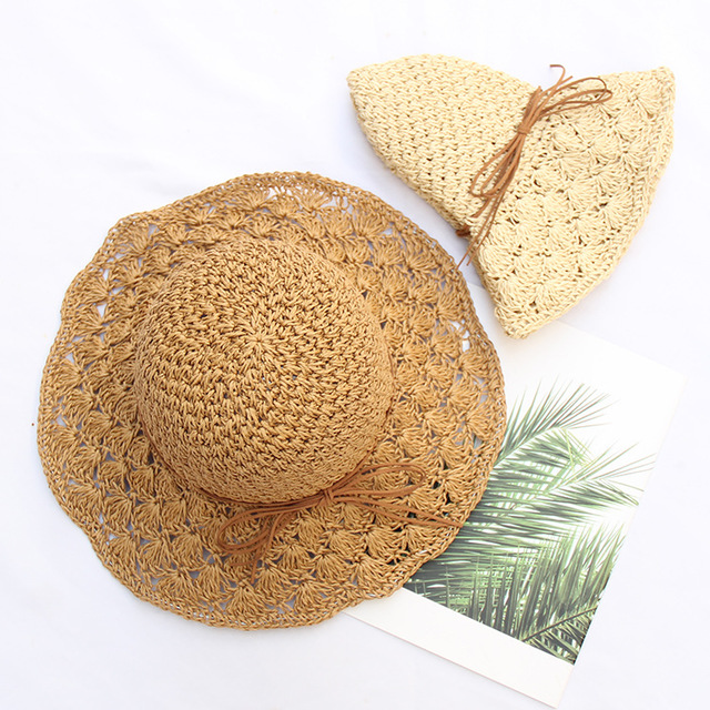 

Handmade Crochet Straw Hat Ladies Bow Openwork Sunshade Hat Collapsible Sunscreen Big Beach Hat Female