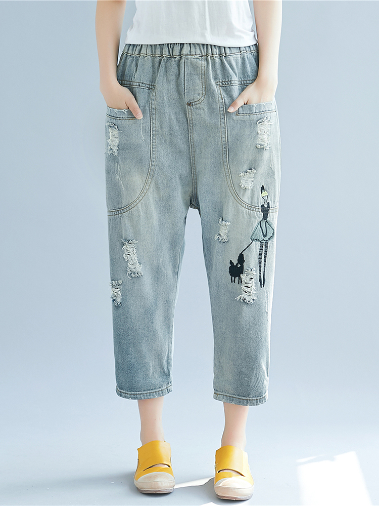 

Повседневная Женское Эластичная талия вышитая карманная джинсовая ткань Джинсы