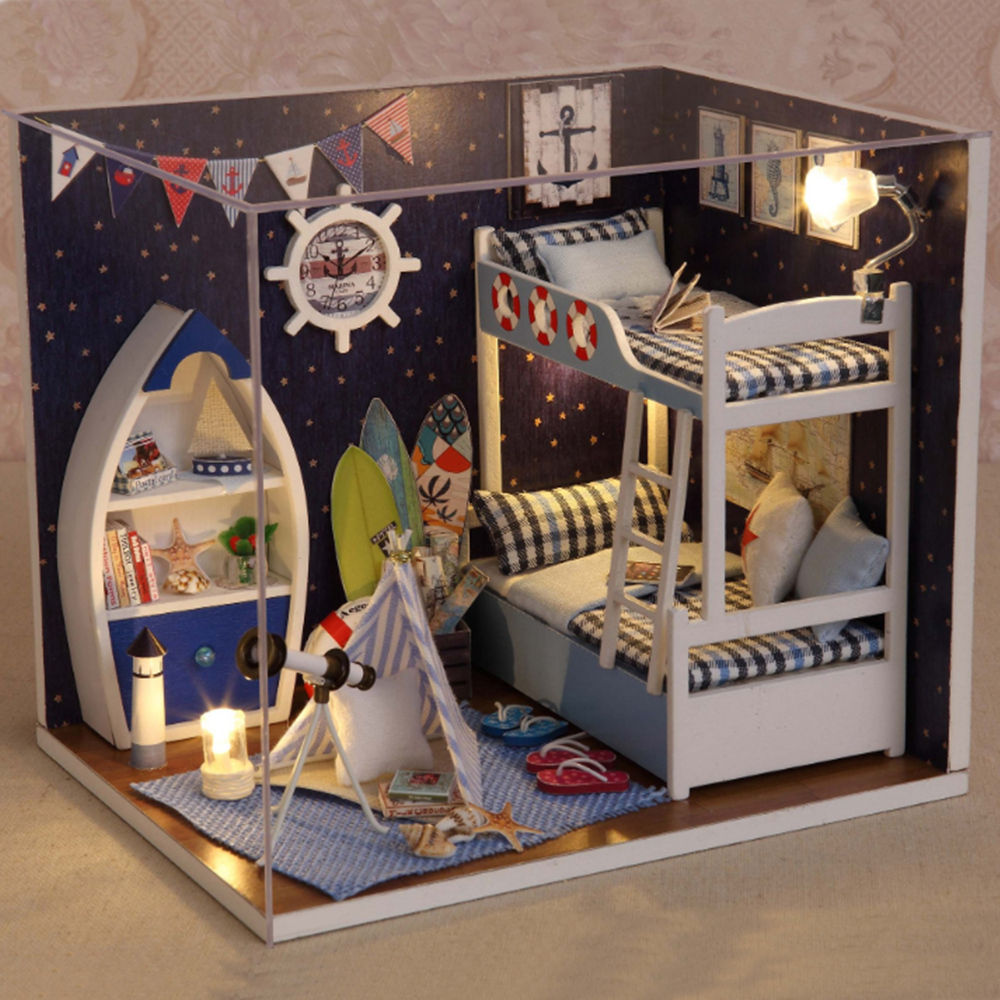 Wooden DIY Dollhouse Miniature Furniture Kit LED Light Assembled Craft Toys Gift 