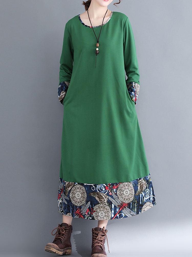 

Folk Style Print Patchwork O-neck Long Sleeve Vintage Dress