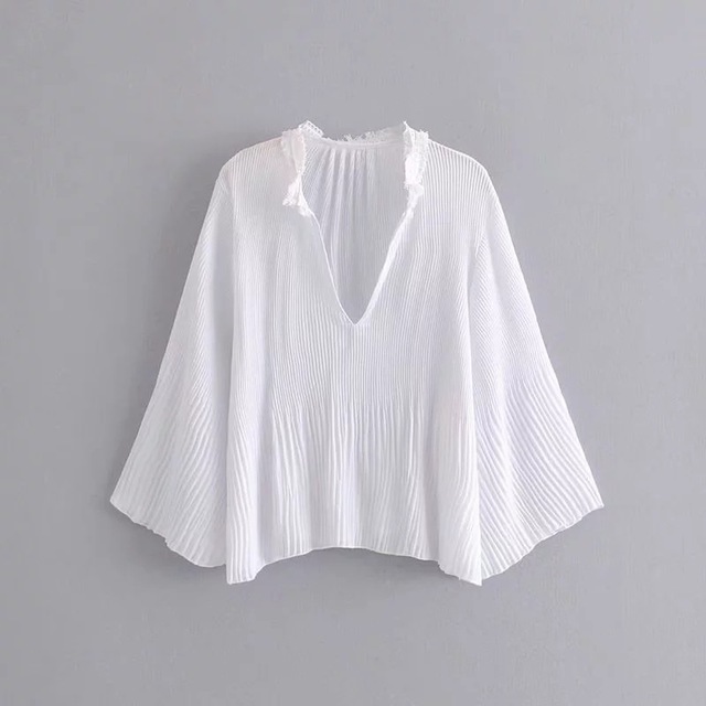 

Season New Solid Color Pleated Temperament Light V-neck Edging Top Fashion Irregular Long-sleeved Blouse