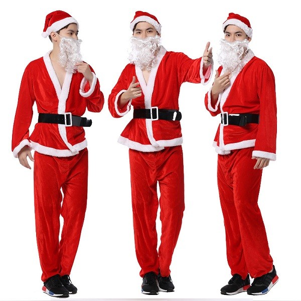 

Мужская одежда производительности Рождество золото бархат костюм Санта-Клауса шляпа борода одежда брюки ремень