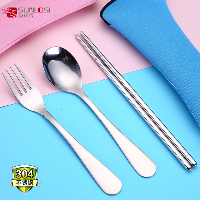 

304 Stainless Steel Lunch Box Cutlery Three-piece Student Portable Children Fork Spoon Chopsticks Set Promotional Gifts