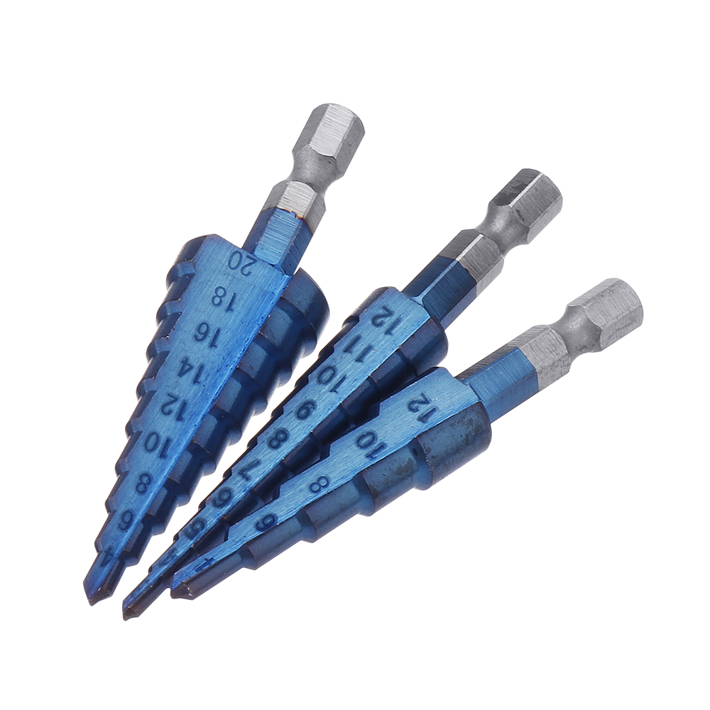 

Drillpro Upgrade 3Pcs 1/4 Inch Hex Shank Blue Nano Coated Step Drill Bit Set 3-12/4-12/4-20mm