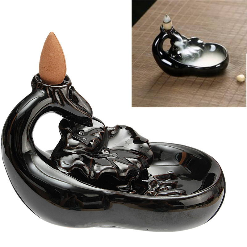 

Black Porcelain Backflow Incense Cone Burner Holder Ceramic Lotus Pond Smoke Backflow Fragrant Cense