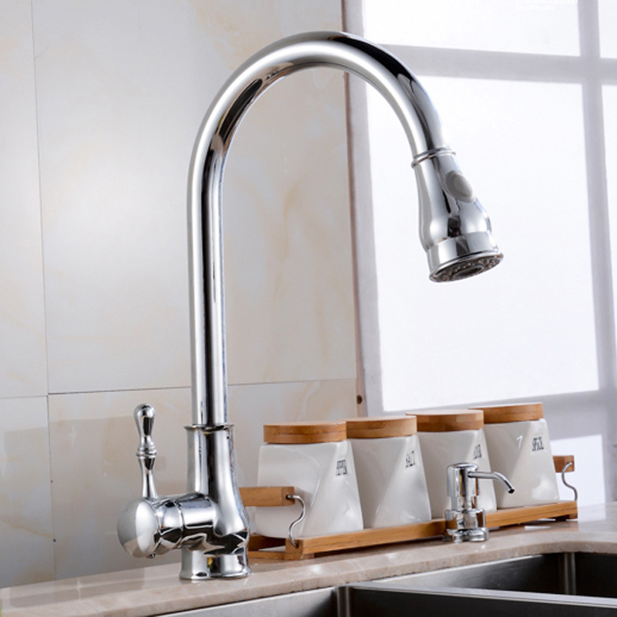 New Kitchen Sink Faucet Led Light Rotatable Spout Pull Out Down Spray Waterfall Nickel Brushed