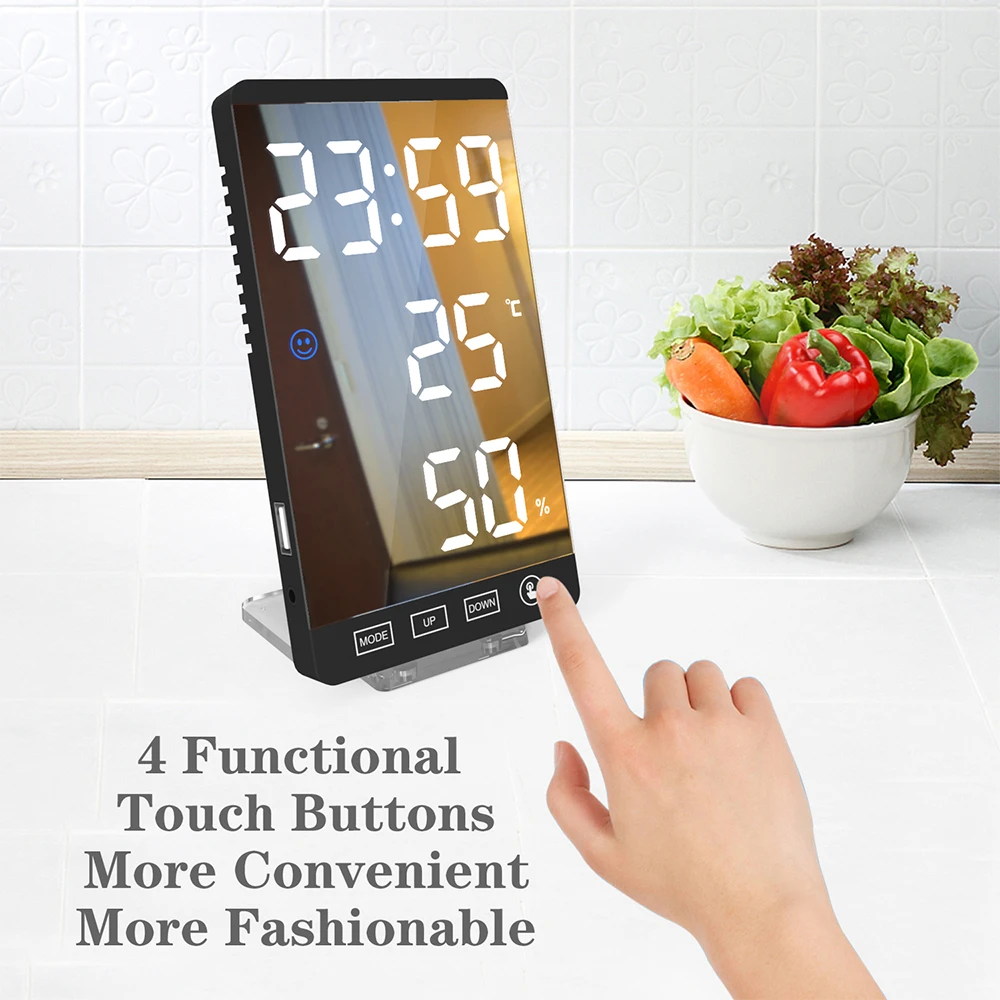 Find 6 Inch LED Mirror Alarm Clock Touch Button Wall Digital Clock Time Temperature Humidity Display USB Output Port Table Clock for Sale on Gipsybee.com