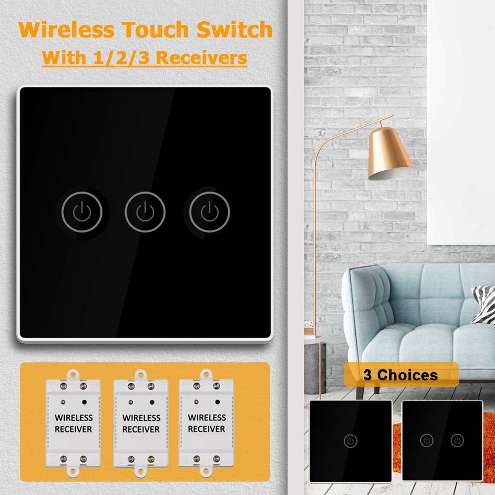 KCASA 1/2/3 Gang AC200-240V Wireless Panel Touch Switch with 3PCS Receiver Kit Remote Control Smart Home Control Module 16
