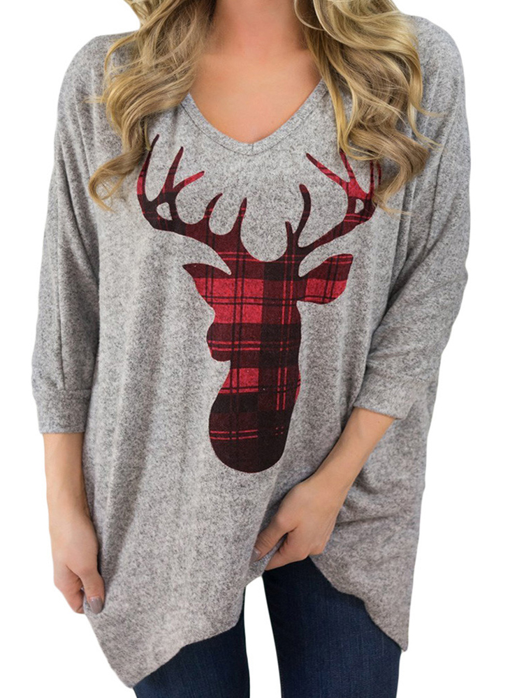 

Women Chrtstmas Deer Print V-neck Long Sleeve Sweatshirt