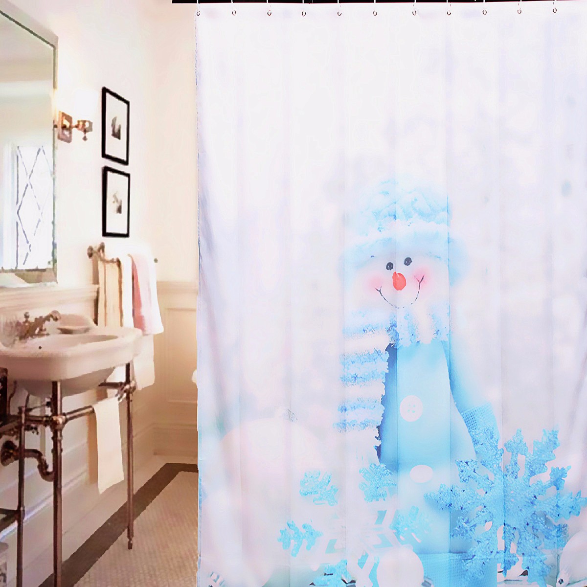 180x180cm Waterproof Polyester Snowman Pattern Shower Curtain Bathroom Decor with 12 Hooks