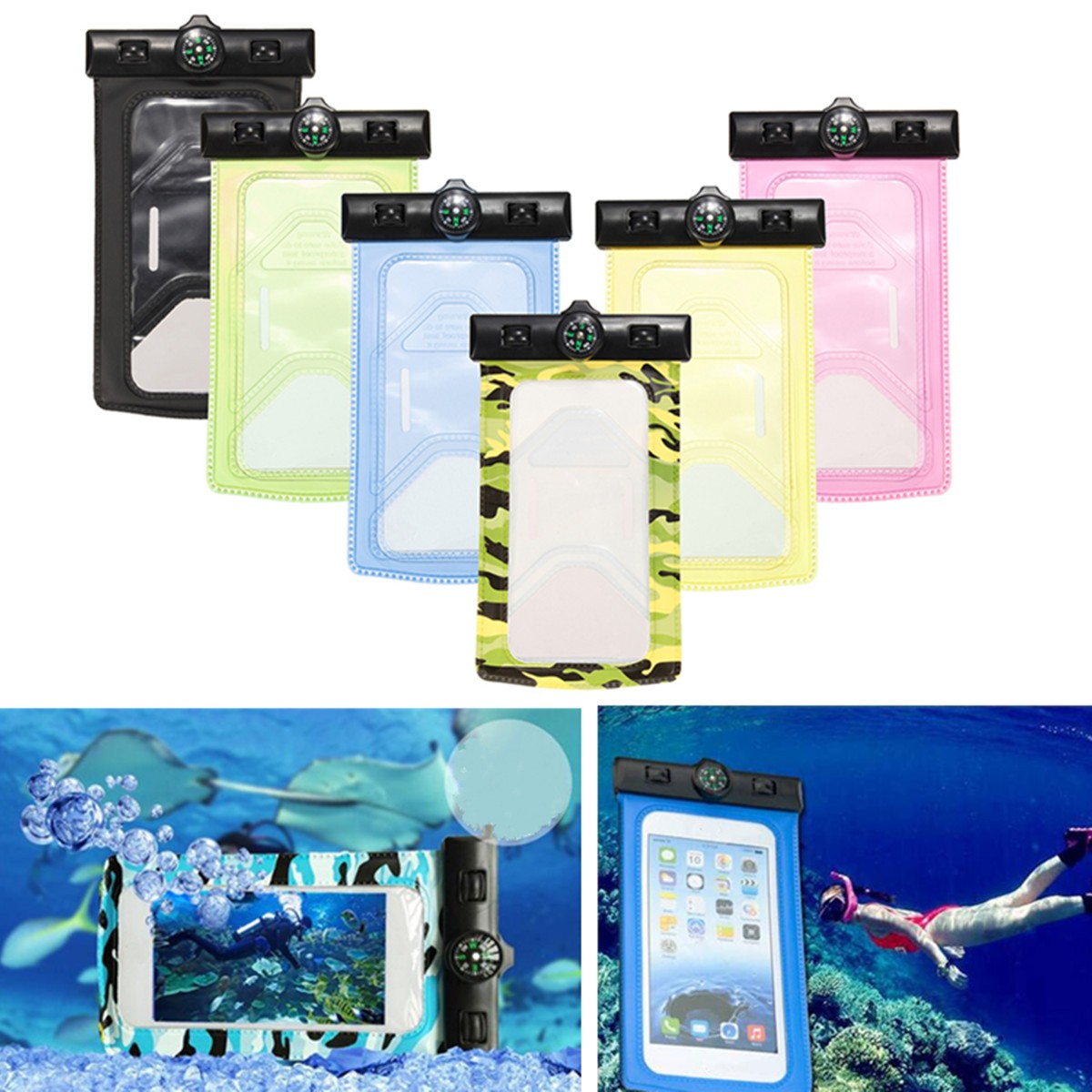 

Waterproof IPX8 Under Water Pouch Bag Case Cover + Compass For 3.5-inch To 6-inch Cell Phone