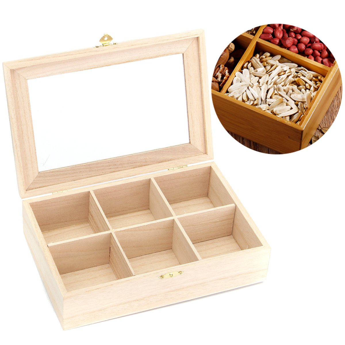 

6 Compartments Wooden Tea Bag Box Kitchen Spice Display Storage Chest Essential Oil Container
