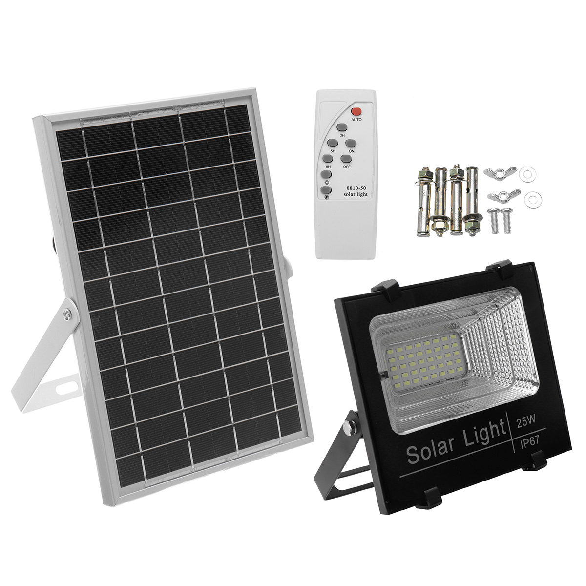 LED Solar Flood Light, High Output 25 Watt, With Solar Panel, Dimmable,  Timer Remote Control, IP67, 6000 Kelvin, Five Year Warranty