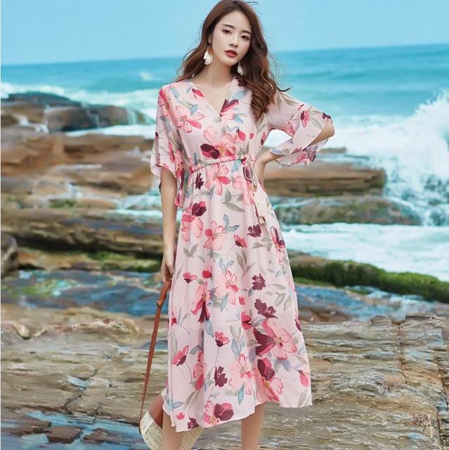 

Таиланд Seaside Vacation Пляжный юбка цветочная труба рукав Платье женский
