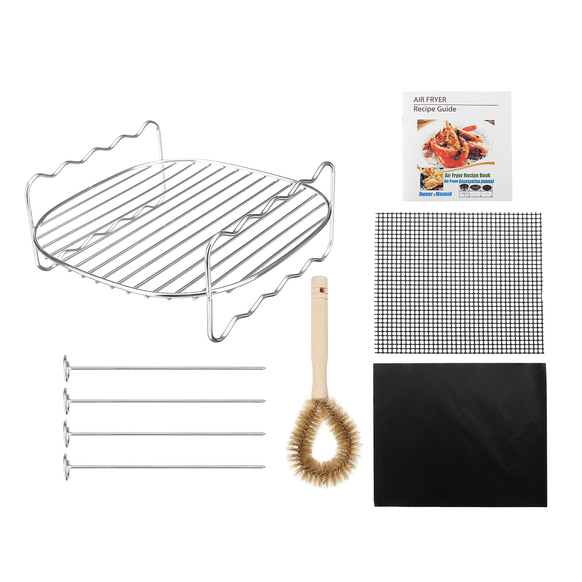 

Stainless Steel Air Fryer Baking Tray BBQ Grill Rack w/ Skewers Brush for Cooking Grilling Drying