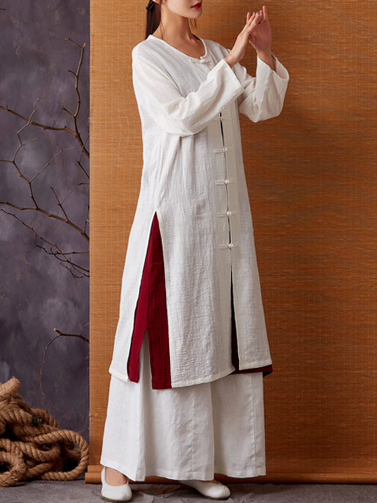 Retro Women Chinese Style Cotton Linen Split Hem Cardigans