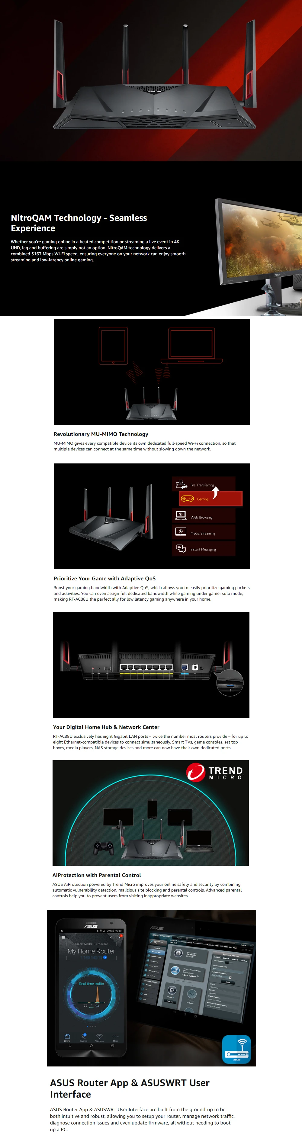 ASUS RT-AC88U Dual Band Gigabit WiFi Gaming Router with MU-MIMO Mesh WiFi System 3167MBps WTFast game accelerator Enterprise-class home wifi router