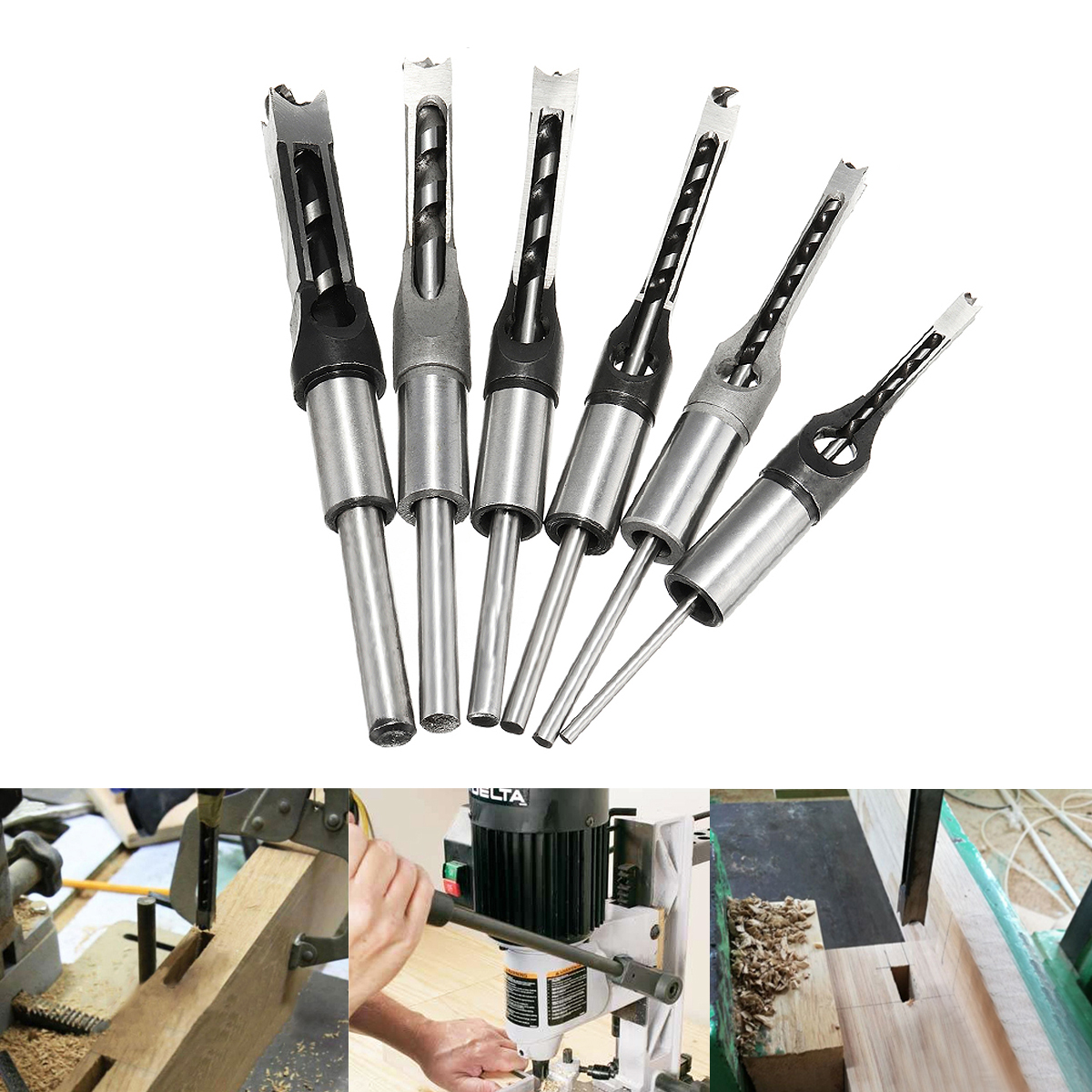 

6pcs 6-16mm Woodworking Square Hole Drill Bit Set Mortising Chisel Auger Drill 6/8/9.5/12.7/14/16mm