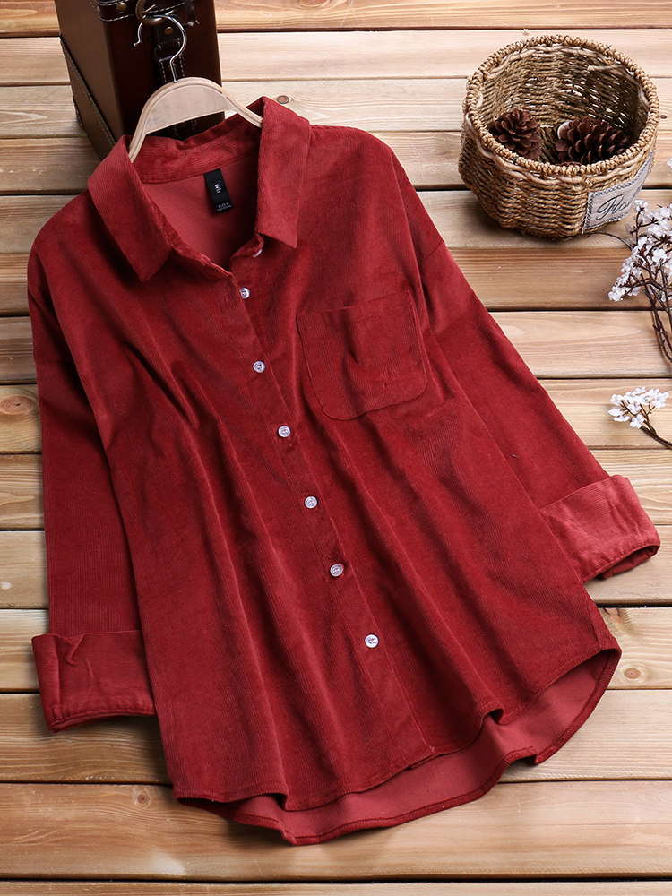 

Women Long Sleeves Corduroy Shirts with Pockets