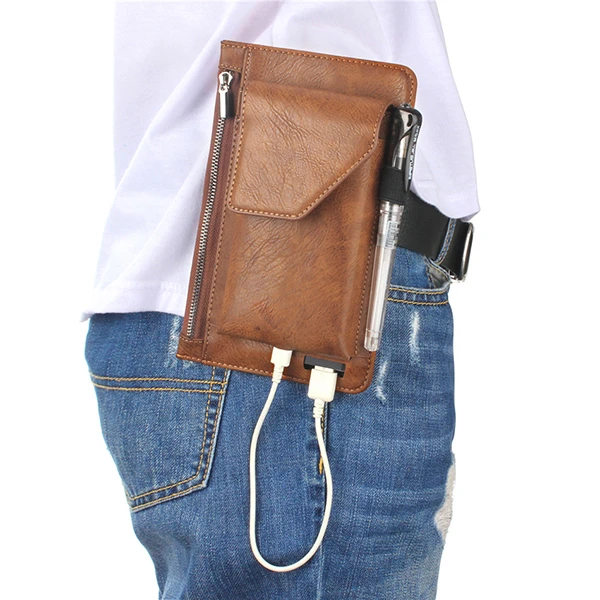 6.3 inch Battery Charger Phone Bag Double Layer Vintage PU Leather Waist Bag For Men