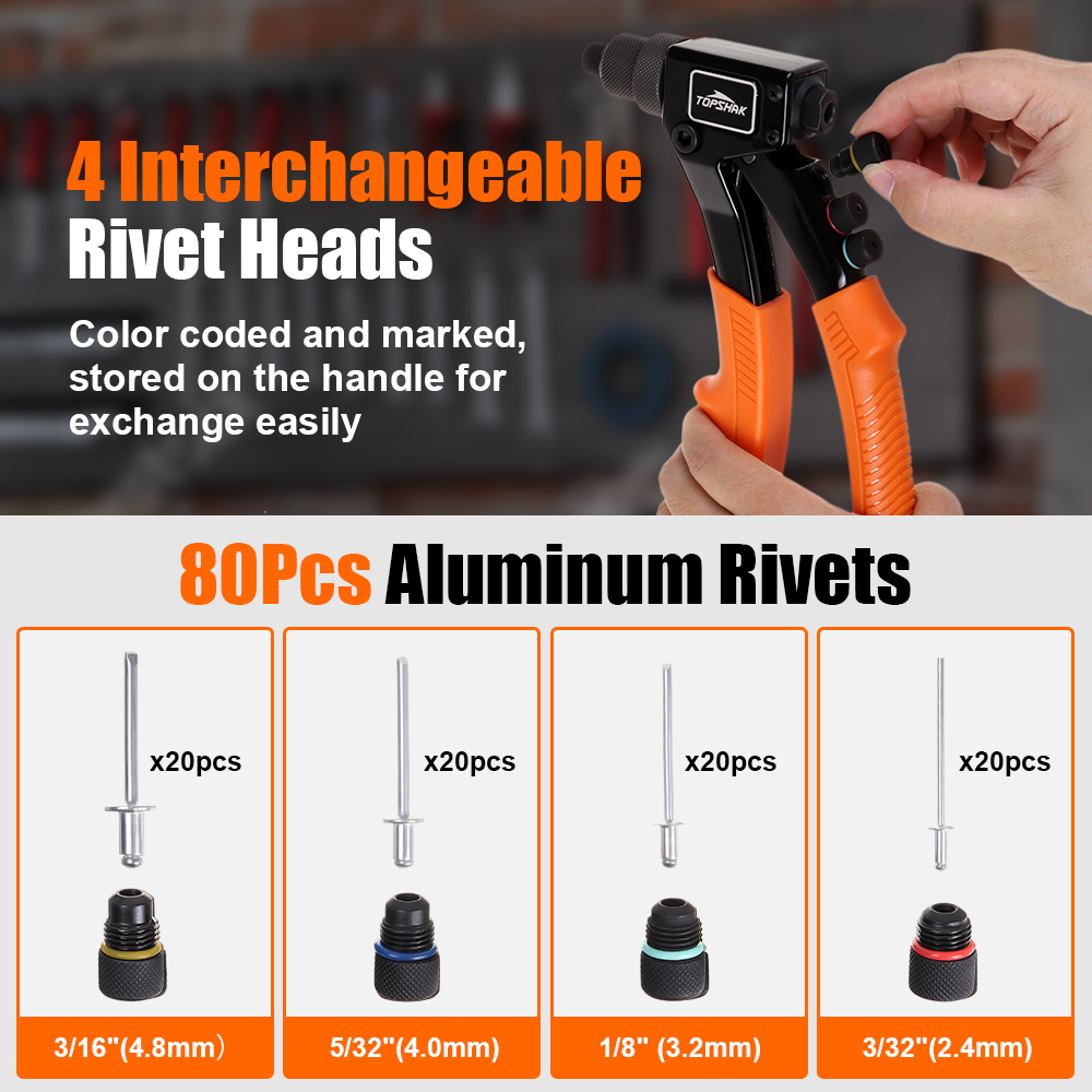 Find TOPSHAK RG1 Rivet Gun Kit with 80 Pcs Rivets Anti slip Hand Riveter 4 Sizes of Rivet Heads Attached Professional Durable Single Hand for Sale on Gipsybee.com with cryptocurrencies