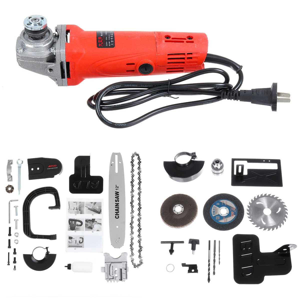 

220V 1000W 10000RPM Electric Angle Grinder with 12 inch Chain Saw Chainsaw Bracket Set